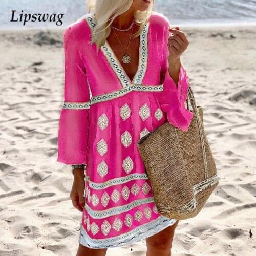Summer Print Casual A-line Loose Dress 2021 Autumn Flare Long Sleeve Women Beach Dress Fashion Sexy V Neck Female Party Dresses