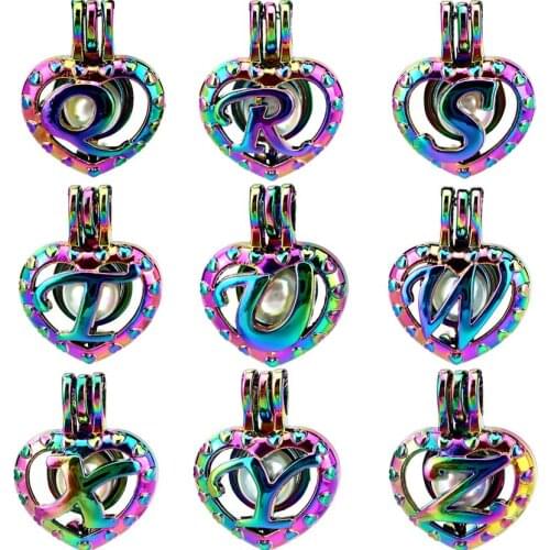 10Pcs/Lot Rainbow Alphabet Q-Z 26 Letters Beads Cage Charms Handcraft Essential Oil Diffuser Necklaces Women Gift Jewelry Making