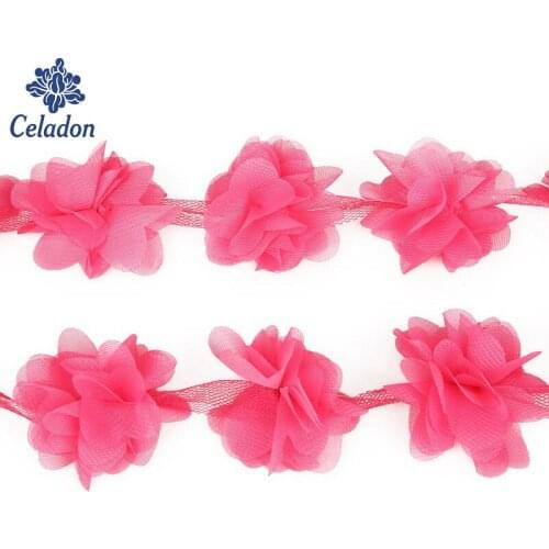 2 Yards Fuchsia 3D Chiffon Cluster Flowers Fringe Lace Trim Lace Ribbon Sewing Organza Fabric For Applique Dress Accessaries