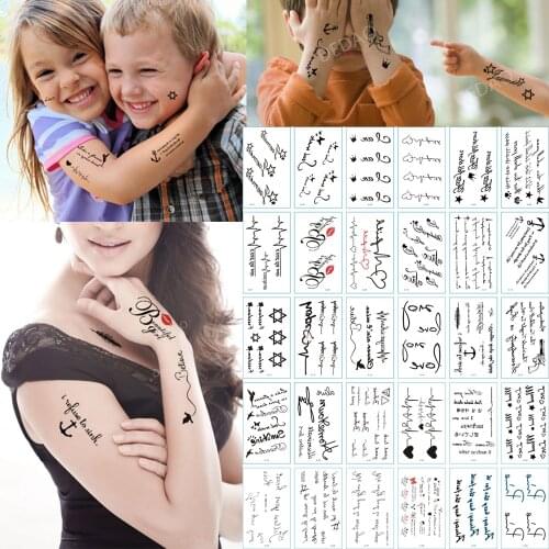 30pcs Tatoo Temporary Fake Tattoo Sticker English Letter Love Heart Wave Waterproof Flash Tatto Tatouage For Kids Girl Men Women