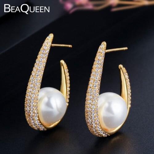 BeaQueen Stunning Yellow Gold Color Micro Paved Cubic Zircon Big White Pearl Hoop Earrings Statement Jewelry for Women E273