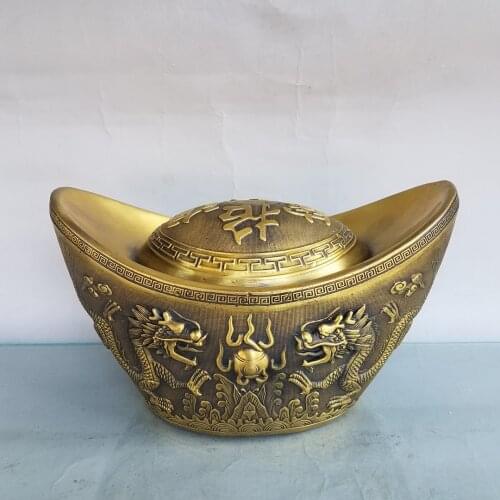 10" Chinese Seikos Bronze piggy bank Ingots statue ornaments Double Dragon Play Pearl Dragon and phoenix pattern Lucky fortune