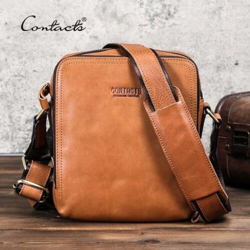 CONTACTS Casual Men Messenger Bags Genuine Leather Mens Shoulder Bag Famous Brand Design Male Bag High Quality Vintage Bolsos