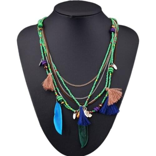 Women Girls Multilayer Colorful Bead Necklace Fake Feather Tassel Long Necklace Bohemia Beaded Necklace Jewelry Accessories