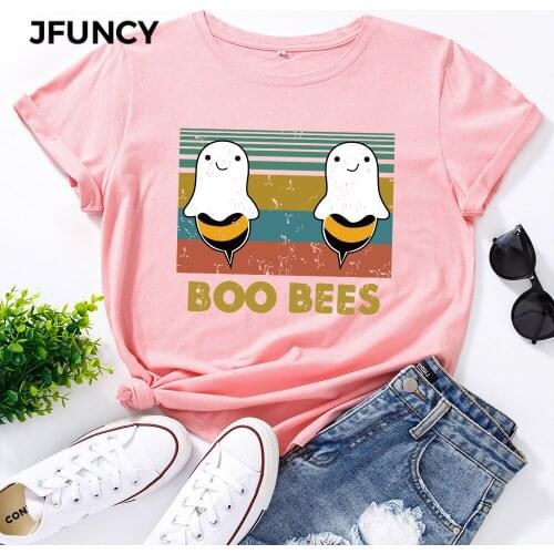 JFUNCY 100% Cotton Womens T-shirt Cute Creative Bee Print Graphic Tees Female T Shirt Women Tops Plus Size Short Sleeve Tshirt