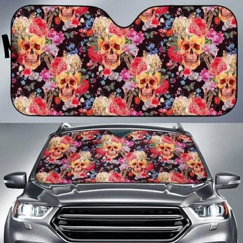 Colorful Rose Flowers Skull Print Vehicle Windscreen Sunshade Auto Decortion Keep Your Car Cool UV Protect Fashion Durable Visor