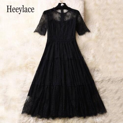 Summer Black Lace Dress Women French Style Vintage Retro mesh Dress short Sleeve Casual Elegant Sexy Party Dress Women 2021