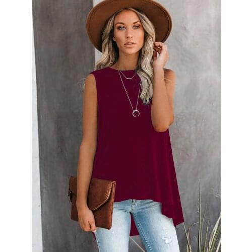 Summer Sleeveless Asymmetrical Tank Tops Crew Neck Irregular Hem Tunic T Shirt Womens High Low Top