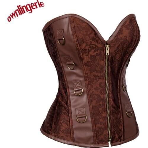 Fashion Hot Sell Brown Steampunk Floral Jacquard Corset Front zipper, back bandage leather Corsetfor women