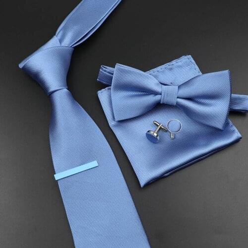 New Mens Tie Bowtie Set Luxury Business Worker Blue Black Solid Color Silk Polyester Jacquard Woven Necktie Suit Wedding Party