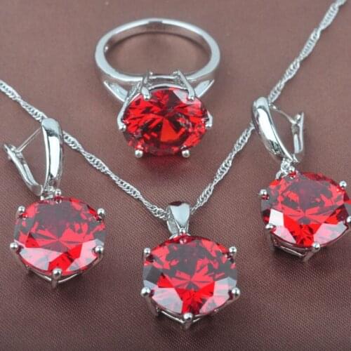 Round Red Wedding Womens Jewelry Sets Silver Color Ring Necklace And Earrings Set TZ0107