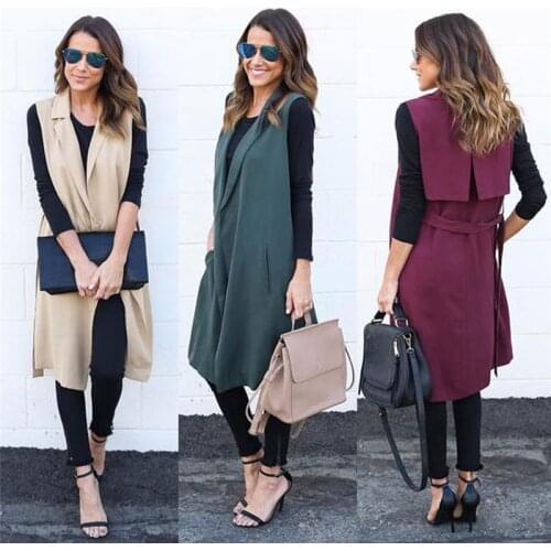 2019 New Women Long Vest Sleeveless Cardigan Coat Casual Open Front Solid Feminino Coat Pocket Waistband Blazer Waistcoat Jacket