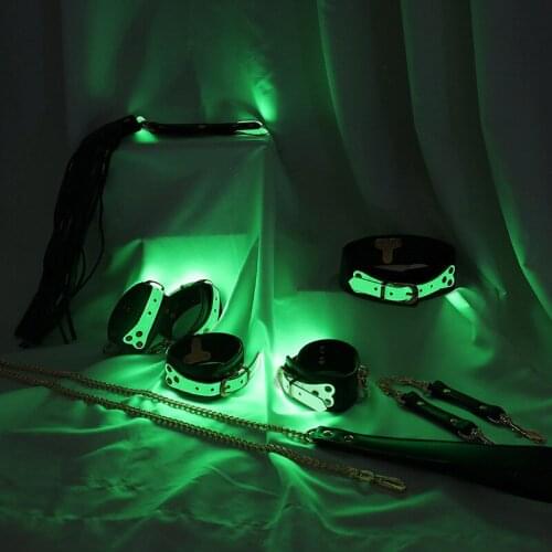 New Luminous Interest Bondage Set Open Mouth Gag Leather Blindfold Mouth Gag Leather Whip Restraints Slave Sex Toy For Couple