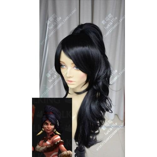 Game LOL The Bestial Huntress Nidalee Cosplay Wig Long Black Heat Resistant Synthetic Hair Wigs + Wig Cap