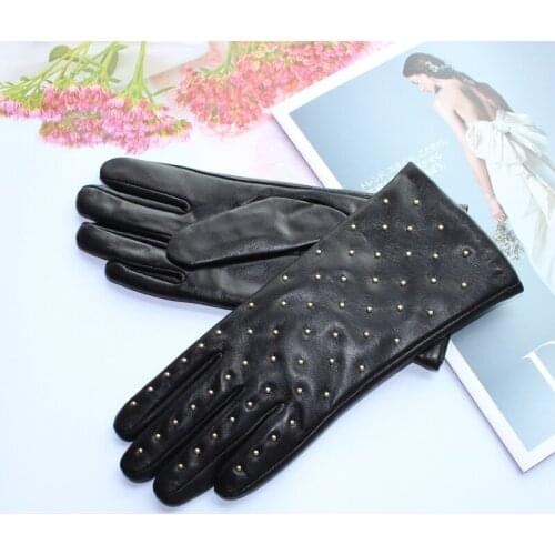 Bickmods 2020 Women New Black Fashion Sheepskin Genuine Leather With Diamond Keep Warm In Winter Velvet Lining Gloves