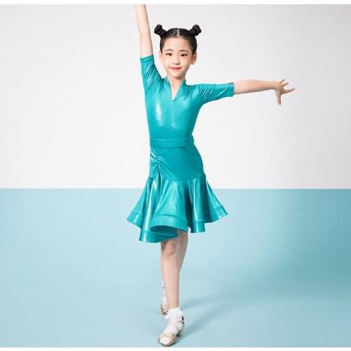 Latin Dance Dress For Girls Short Sleeve Shiny Red/Green/Black Practice Clothes Professional Latin Dance Competition Dress VO892
