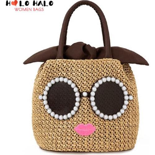 New Pearl Sunglasses Cartoon Design Straw Bucket Shape Women Handbag Shoulder Bag Crossbody Bag Female Pouch Totes Chain Purse