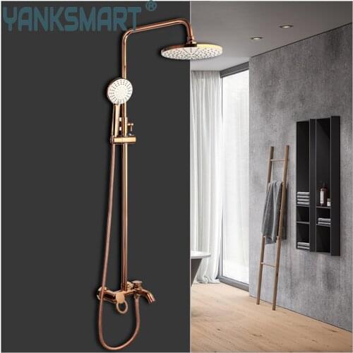 YANKSMART Luxury Rose Gold Rainfall Round Shower Head Bathroom Faucet Set Wall Mounted Bathtub Shower Mixer Water Tap Combo Kit
