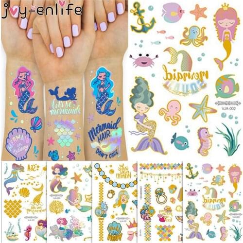 Mermaid Bronzing Cartoon Glitter Tattoo Stickers Childrens Metallic Gold Body Temporary Flash Tattoos Mermaid Birthday Party