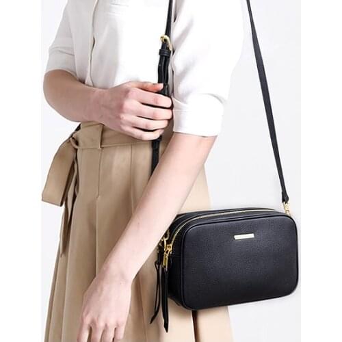 Full grain leather box bag With two shoulder straps Genuine Leather crossbody bags real leather Double zipper shoulder bags