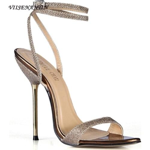 Pointed Stiletto Sexy High-heeled Sandals Catwalk Simple Banquet Shoes Simple Stiletto Foot Wrap with Shiny Gold Shoes