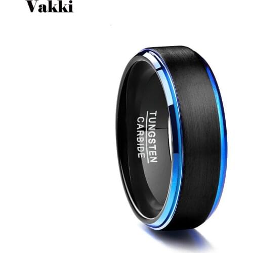 VAKKI Black Matte Surface Blue Edge Promise Band Men Rings 100% Tungsten Carbide Multi-size Anillos Para Hombres Pierscienie