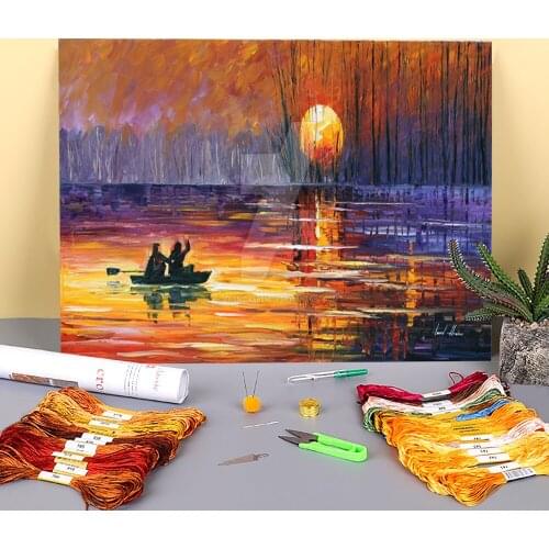 Sunset Fishing Printed 11CT Cross-Stitch Patterns Embroidery DMC Threads Craft Painting Handicraft Handiwork Home Room Mulina