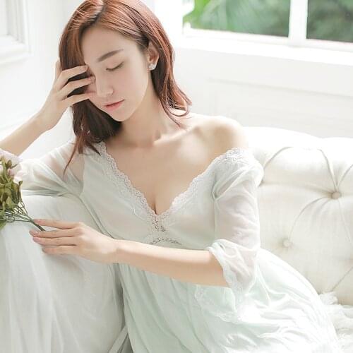 Free Shipping 2016 New Summer Princess Womens Nightgown Long Sleepwear Vintage Pijamas V-neck Nightshirt