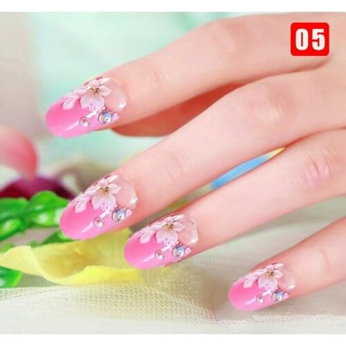 24pcs Ladies Fake Nails Transparent Floral Beads Decor DIY Bride False Nails SANA889