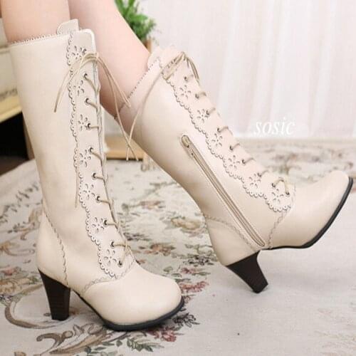 Japanese lolita cute sweet retro round head lace-up tube plus velvet high thick heel petal womens boots Vintage Sweet Lolita