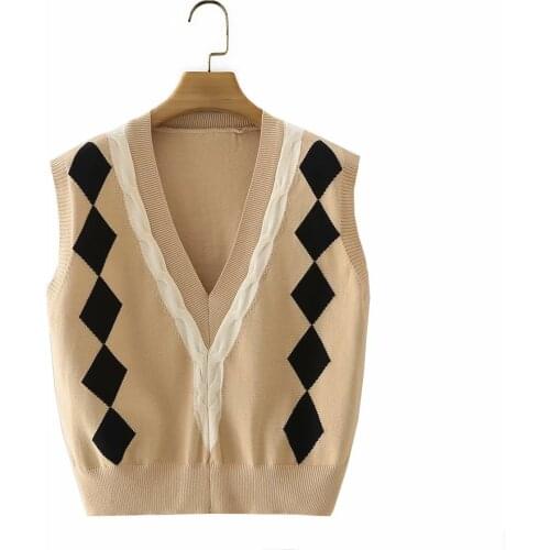 Womens Knitted Sweater Vest Fashion Jacquard Loose 2021 Retro V-neck Stitching Vest Womens Short Pullover Chic Top black vest