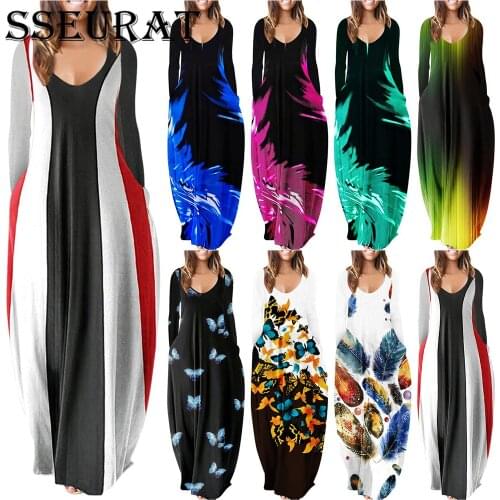 SSEURAT Womens Autumn Long Dress Loose Sexy Long Sleeve Pockets Print Maxi Dress Casual Plus Size Beach Dresses