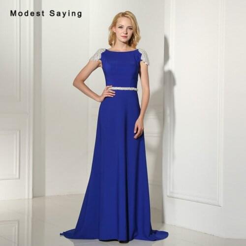 Luxury Royal Blue A-Line Boat Neck Crystal Beaded Short Sleeve Evening Dresses 2017 with Rhinestone Women Formal Party Prom Gown
