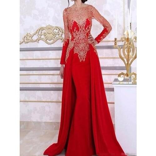 2021 Mermaid Evening Dresses Long Sleeve With Detachable Skirt Lace Beading Sequin Arabic Kaftan Formal Gown