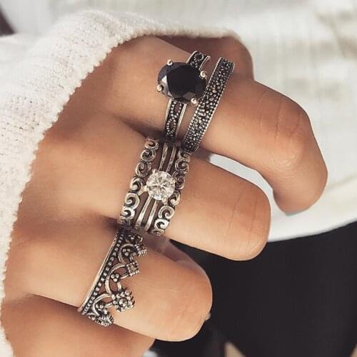 5 Pcs/Set Retro Water Drop Round Gem Crystal Geometric Irregular Ring Women Personality Gold Silver Color Party Ring Set