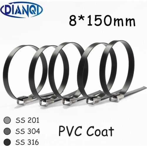 8*150 8mm 8x150 Stainless Steel Zip PVC coating Strong Stainless Steel Grade Metal Cable Ties Zip Tie Wraps