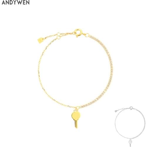 ANDYWEN 2021 925 Sterling Silver Gold Lock Key Pendant Charm Bracelet Women Fashion Fine Jewelry Crystal Wedding Gift Rock Punk