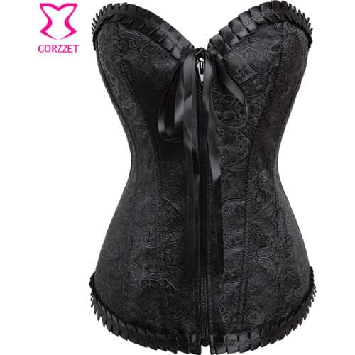 Black Brocade Zipper Waist Corset Overbust Guepiere Sexy Corpetes E Espartilhos Sexy Gothic Corselet Preto Korsett For Women