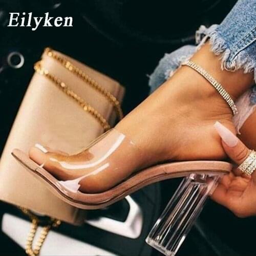 Eilyken High Quality PVC Transparent Jelly Shoes Fashion Sexy Peep Toe Womens Slippers Clear Crystal Square Heels Wedding Sandal