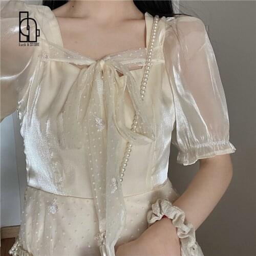 Elegant Fairy Mini Dresses Women 2021 Puff Sleeve French Casual Kawaii Dress Patchwork Lace-up Sweet Cute Korean Beach Sundress