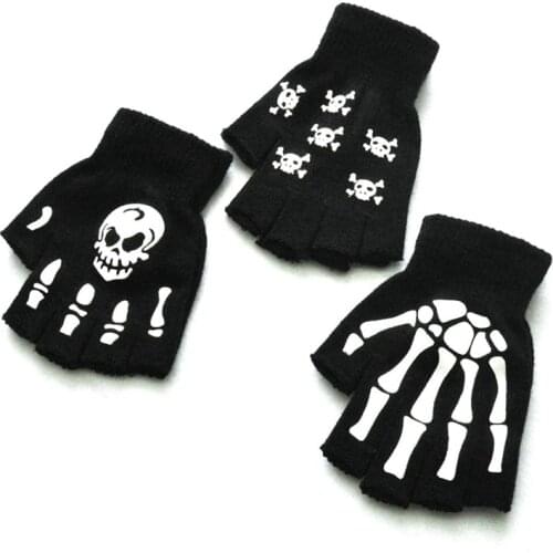 Printing Fluorescent Skeleton Skull Knitted Half Finger Gloves Cool Autumn Winter Black Ridding Knitting Gloves
