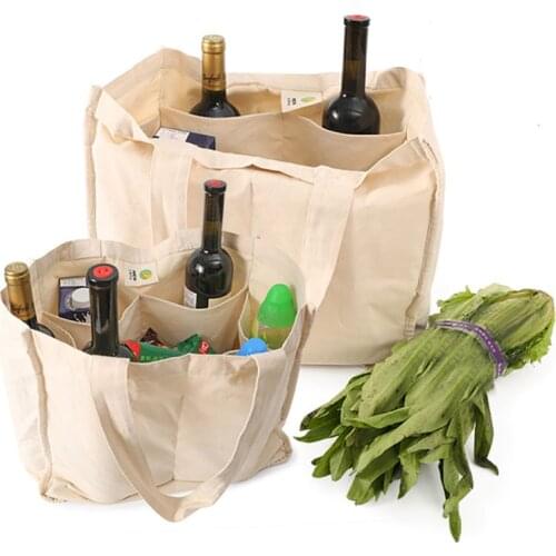Canvas Grocery Shopping Bags with 6 Interior Bottle Sleeves Reusable Washable Organic Tote Bags with Handles Craft & Gift Bag