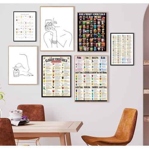 Pocket Cocktails Guide Poster Kitchen Wall Decoration Canvas Painting , Cocktail Menu Prints Over 100 Drinks Picture Bar Decor