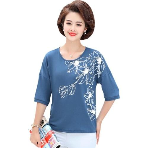 Soft Mother Clothing Summer Tshirt Middle Aged Women Thin Tee Half Sleeve Tops Casual Plus Size Printed Flower T Shirt 2021 5XL