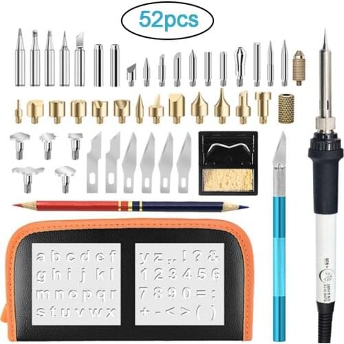 52pcs Carving Pyrography Pen Kit Adjustable Temperature Soldering Iron Wood Burning Kit Welding Repair Tools Burning Pen Set