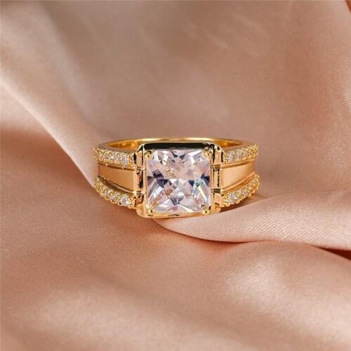 Big Square White Crystal Stone Engagement Rings For Women Men Wedding Jewelry Vintage Fashion Yellow Gold Ring Female Party Gift