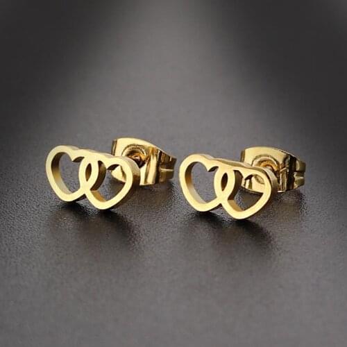 Wholesale 30 pairs/lot Tiny Double Hollow Heart Steel Titanium Stud Earrings Simple Style Fashion Jewelry Gifts for Women Girls