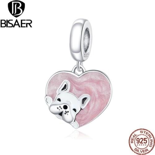 BISAER New 925 Sterling Silver Pink Cute Puppy Beads Heart Shape Charms Pendant fit for Bracelets Necklaces Silver Jewelry