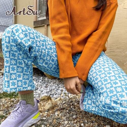 Artsu Streetwear Indie Floral Print Patchwork Baggy Pants Vintage High Waist Blue Wide-Leg Length Trousers 90s Pants ASPA82937