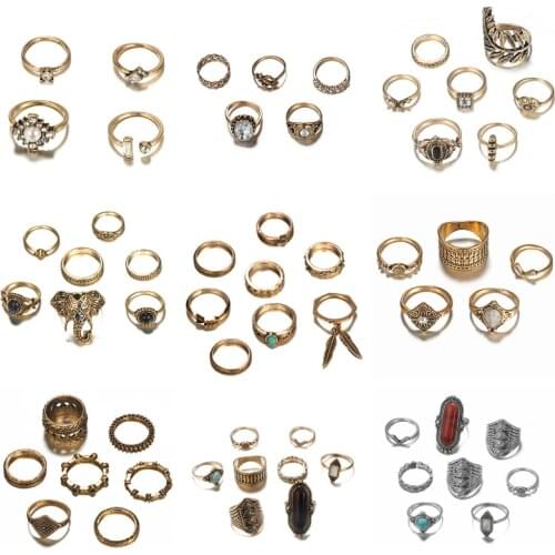 Tocona Retro Gold Silver Color Carving Elephant Leaf Sun Inlay Opal Crystal Midi Knuckle Ring Set for Women Punk Jewelry Anillos